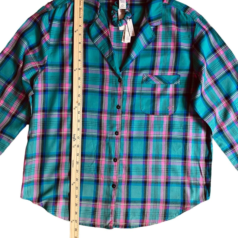 Victoria's Secret Pajama Shirt Size L & Hair Scrunchie Green Pink Plaid Flannel - Picture 7 of 10
